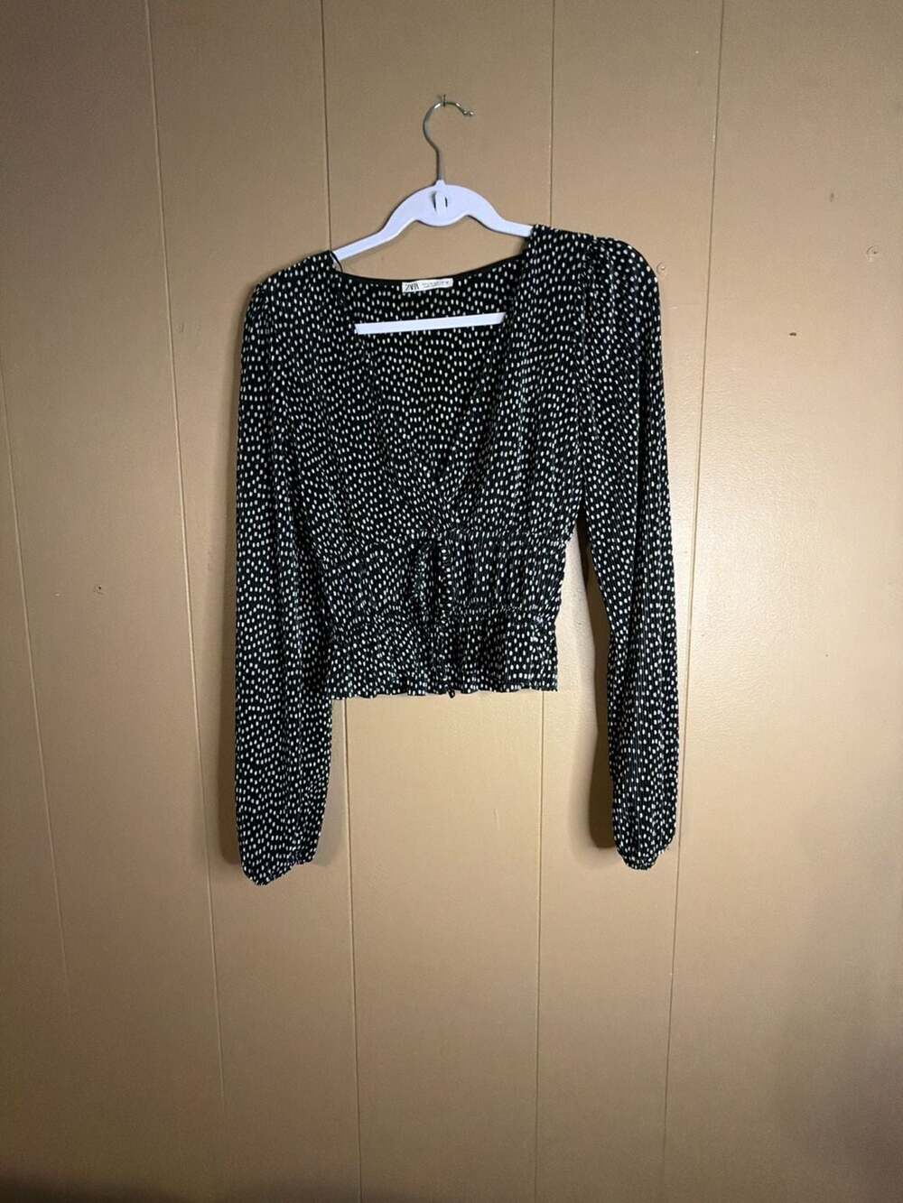 Zara Black and White Polka Dot Pleated Long Sleeve Peplum Crop Blouse
